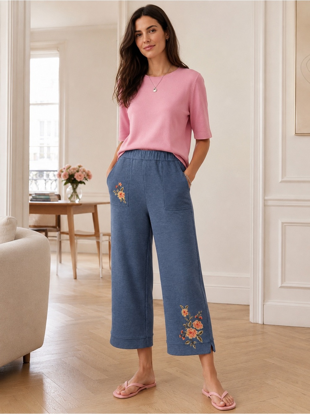Alfred Dunner Casual French Terry Knit  Embroidered Ankle Pants, Size M